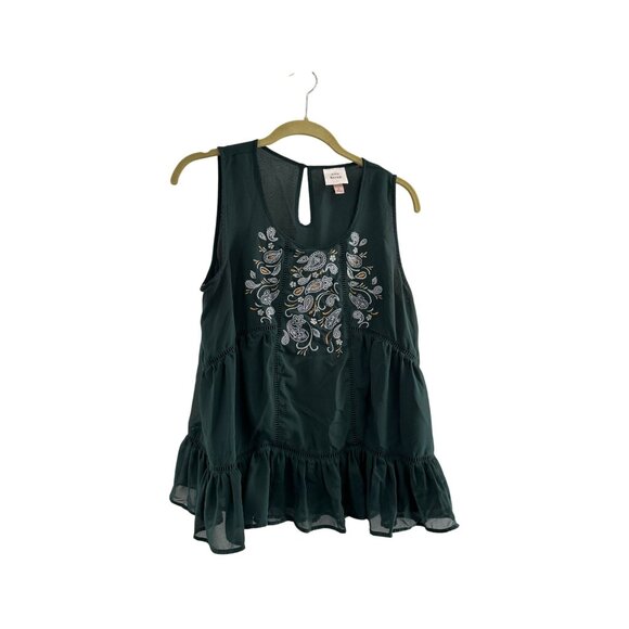 Knox Rose Green Sleeveless Embroidered Ruffle Hem Blouse Womens L Boho Fairy - Picture 1 of 7